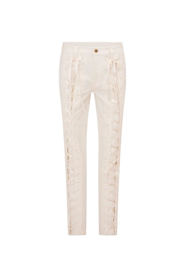 Pants and Shorts Women LoveShackFancy Doro Lace Up Bow Pants Cream
