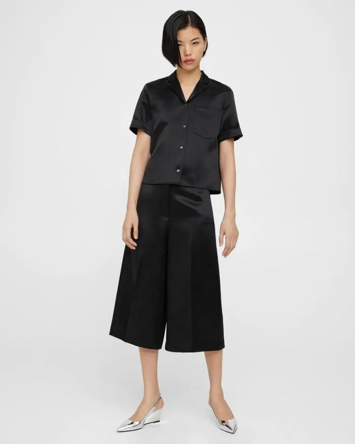 Pants Women Theory WideLeg Culotte In Bonded Satin Black