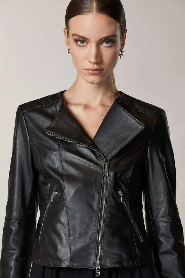 Patrizia Pepe Outerwear Leather Biker Jacket With TopStitching Black 8211 Women