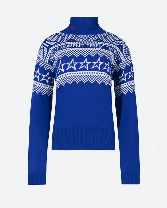 Perfect Moment IntarsiaKnit Merino Wool Turtleneck True Indigo Women Tops