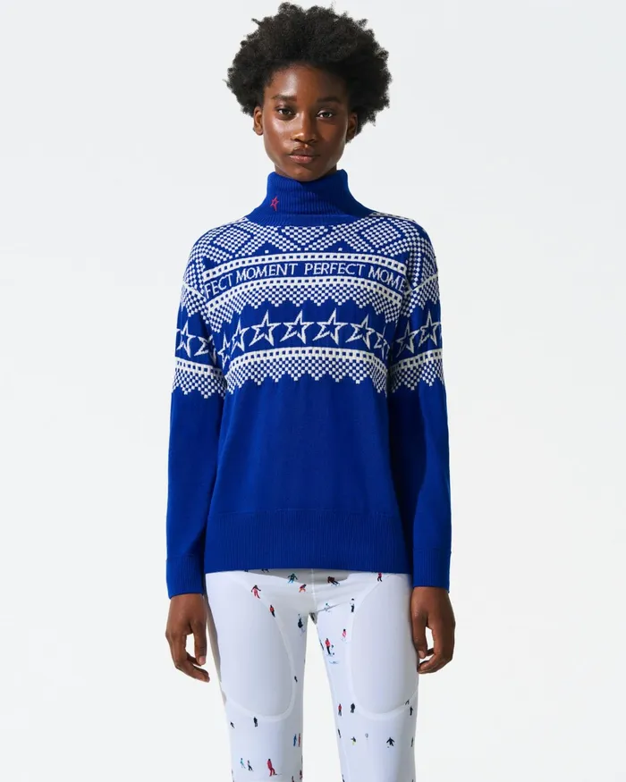 Perfect Moment IntarsiaKnit Merino Wool Turtleneck True Indigo Women Tops