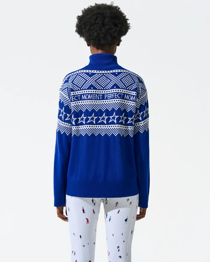 Perfect Moment IntarsiaKnit Merino Wool Turtleneck True Indigo Women Tops