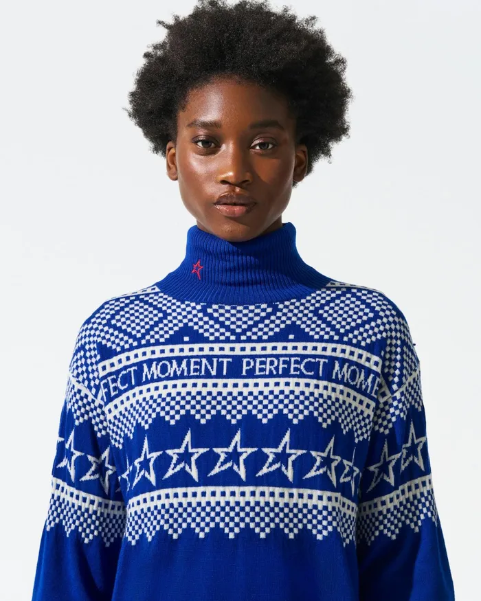 Perfect Moment IntarsiaKnit Merino Wool Turtleneck True Indigo Women Tops