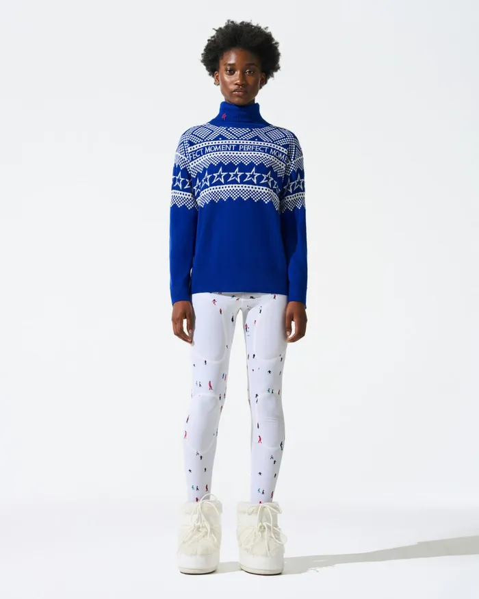 Perfect Moment IntarsiaKnit Merino Wool Turtleneck True Indigo Women Tops