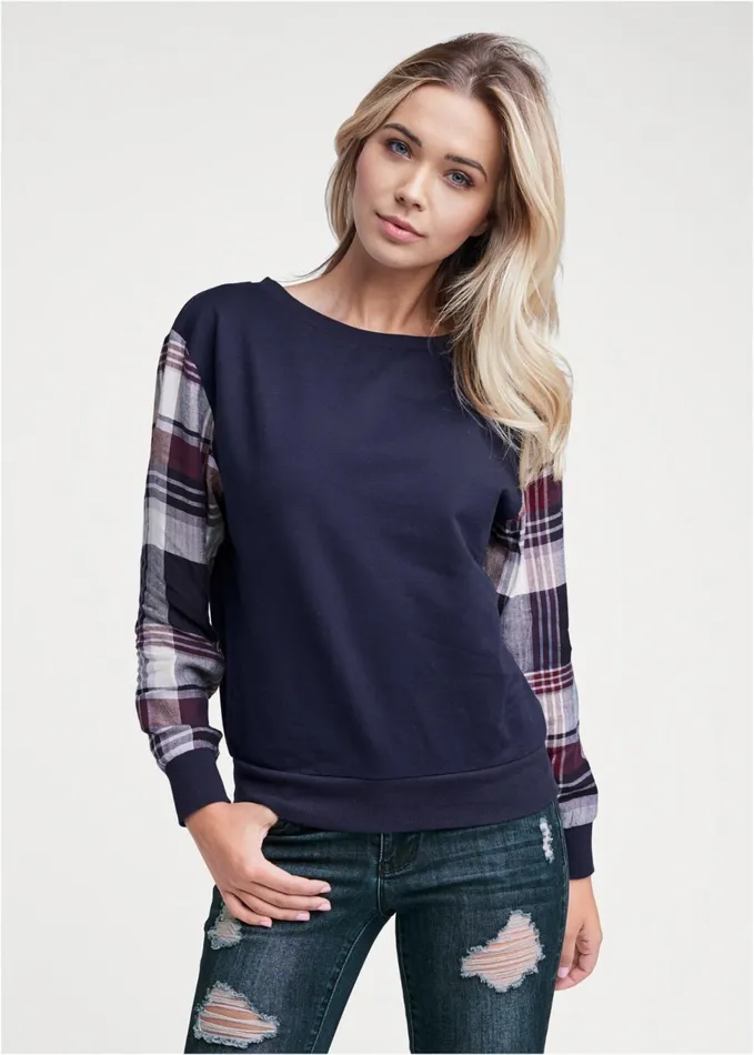 PLAID SLEEVE SWEATSHIRT Blue Multi Women VENUS Sweatshirts and Hoodies