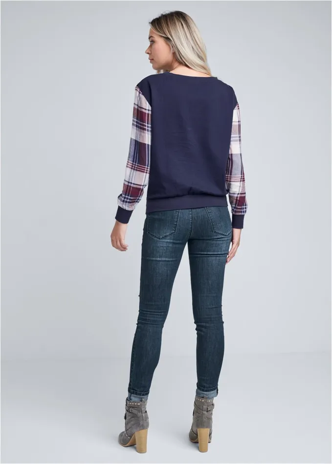 PLAID SLEEVE SWEATSHIRT Blue Multi Women VENUS Sweatshirts and Hoodies