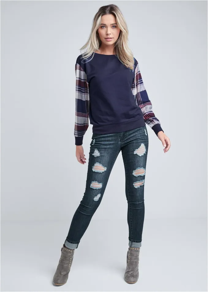 PLAID SLEEVE SWEATSHIRT Blue Multi Women VENUS Sweatshirts and Hoodies
