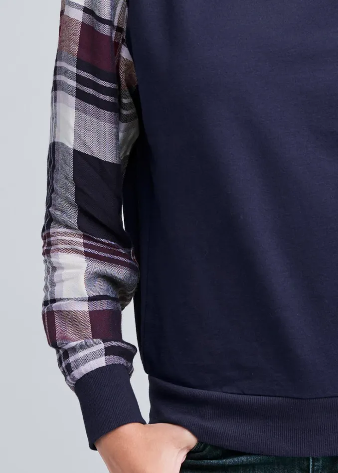 PLAID SLEEVE SWEATSHIRT Blue Multi Women VENUS Sweatshirts and Hoodies