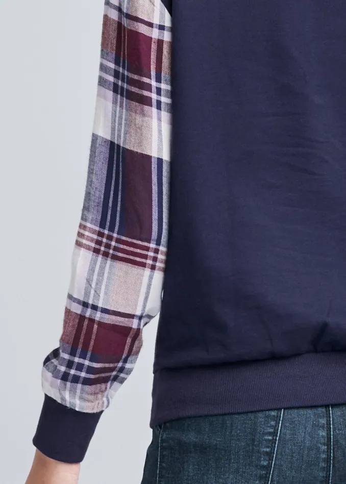 PLAID SLEEVE SWEATSHIRT Blue Multi Women VENUS Sweatshirts and Hoodies