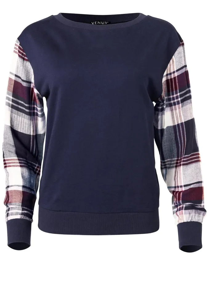 PLAID SLEEVE SWEATSHIRT Blue Multi Women VENUS Sweatshirts and Hoodies