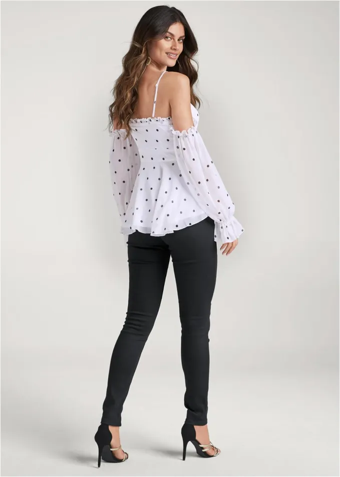 POLKA DOT COLD SHOULDER TOP White and Black Women VENUS Night Out Tops POLKA DOT COLD SHOULDER TOP White and Black Women VENUS Night Out Tops