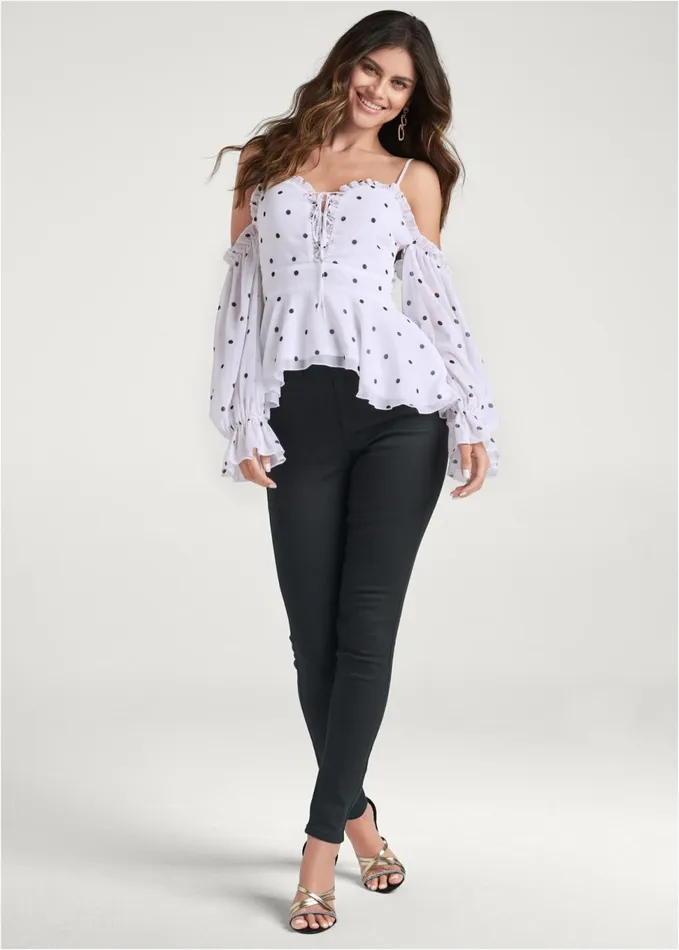 POLKA DOT COLD SHOULDER TOP White and Black Women VENUS Night Out Tops POLKA DOT COLD SHOULDER TOP White and Black Women VENUS Night Out Tops