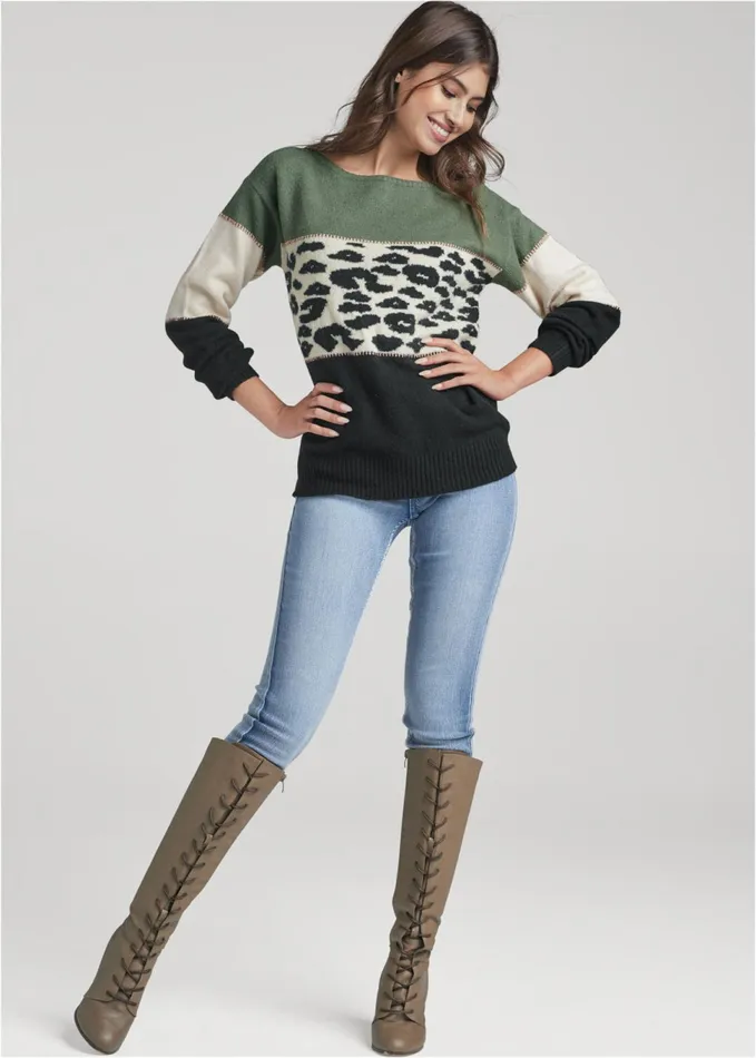 Printed Color Block Sweater Black Multi Women VENUS Pullover