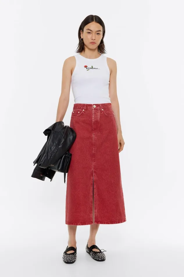 Red Aline Denim Midi Skirt Red Women Bimba Y Lola Skirts Red Aline Denim Midi Skirt Red Women Bimba Y Lola Skirts