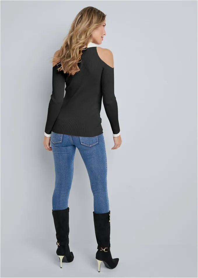 RIBBED COLD SHOULDER V NECK SWEATER Pink and White Women VENUS Pullover