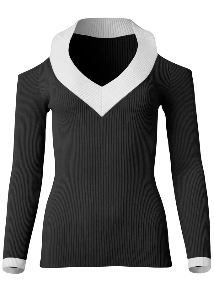 RIBBED COLD SHOULDER V NECK SWEATER Pink and White Women VENUS Pullover