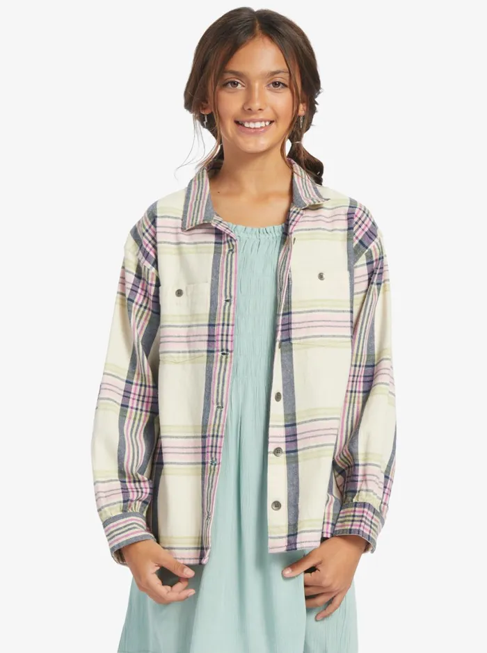Roxy Tees and Tanks Girl039s 416 Something Beautiful Plaid Oversized Shirt Tapioca Right Plaid 8211 Women