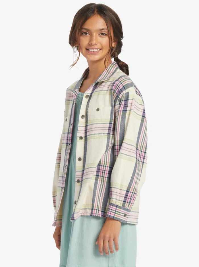 Roxy Tees and Tanks Girl039s 416 Something Beautiful Plaid Oversized Shirt Tapioca Right Plaid 8211 Women