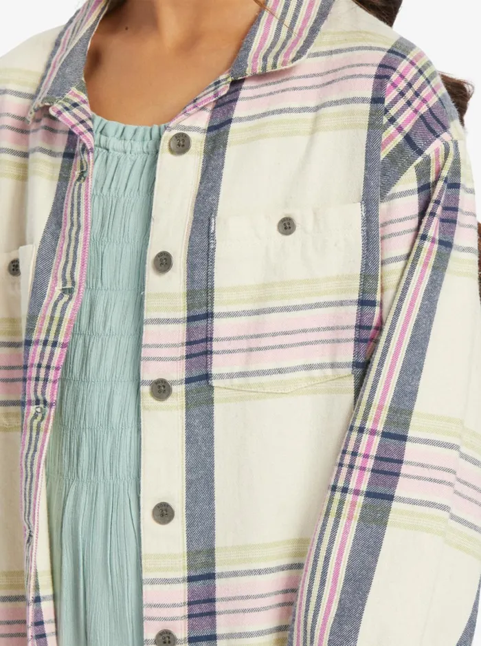 Roxy Tees and Tanks Girl039s 416 Something Beautiful Plaid Oversized Shirt Tapioca Right Plaid 8211 Women