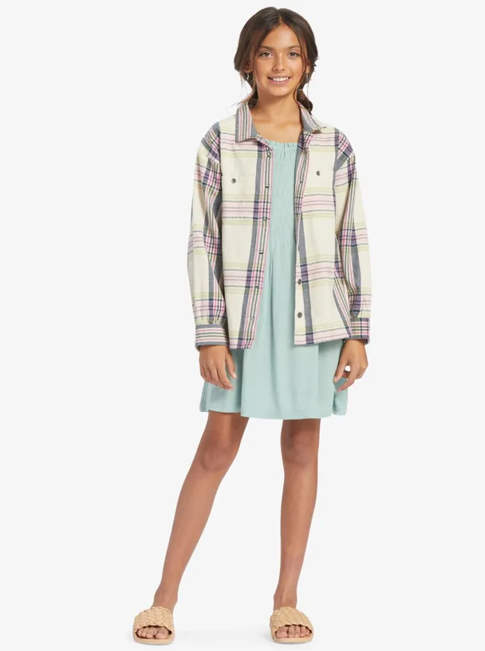 Roxy Tees and Tanks Girl039s 416 Something Beautiful Plaid Oversized Shirt Tapioca Right Plaid 8211 Women