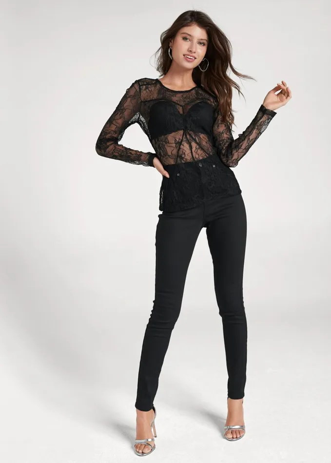 SHEER LACE TOP Black Women VENUS Night Out Tops