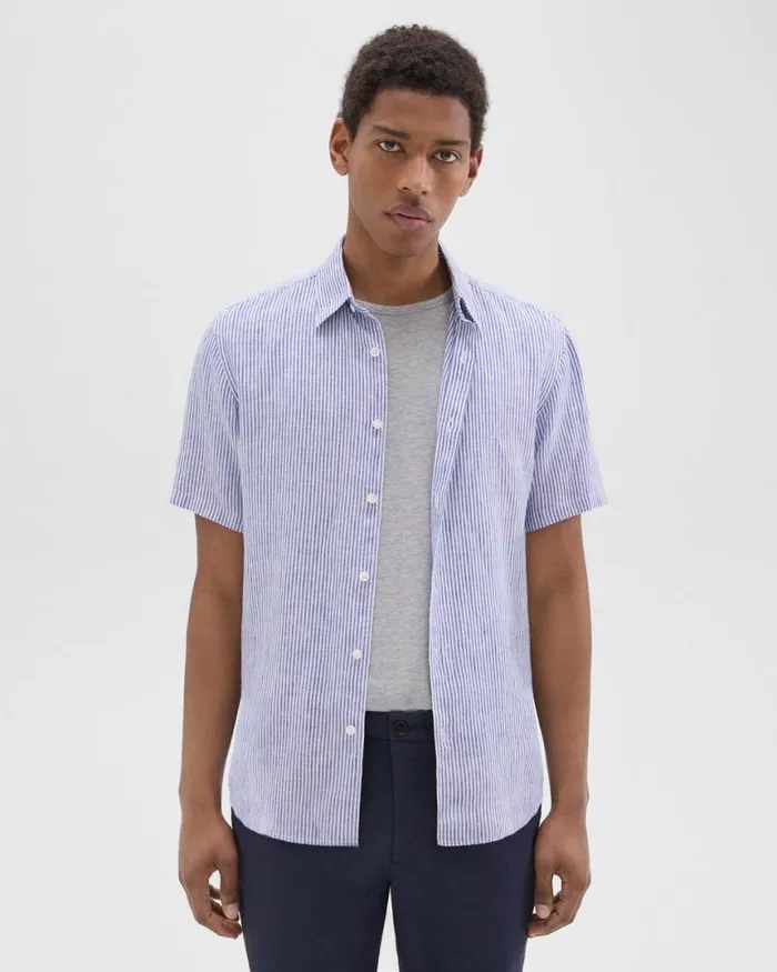 Shirts Men Theory Irving ShortSleeve Shirt In Relaxed Linen Whiteocean