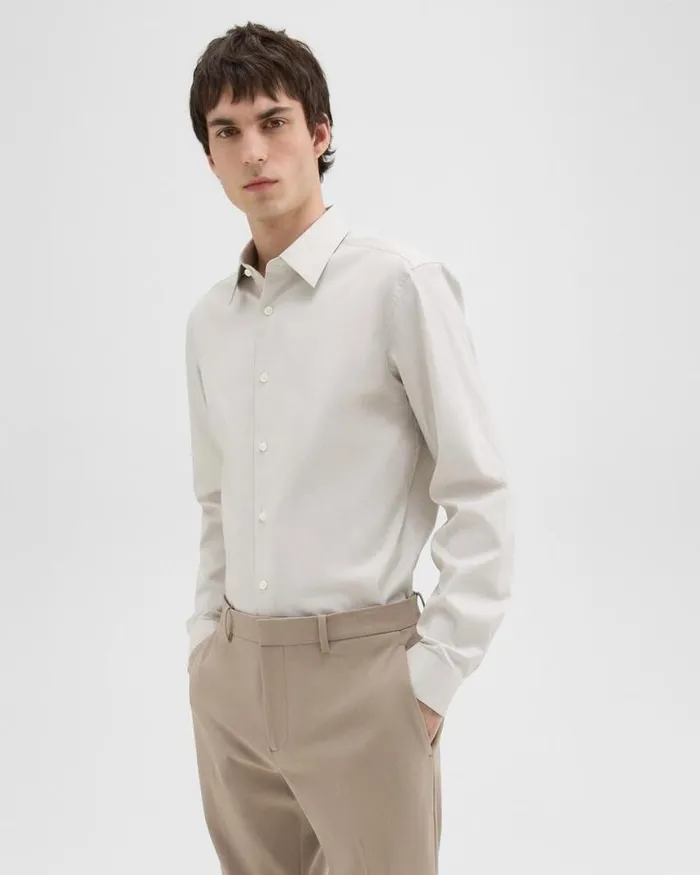 Shirts Men Theory Sylvain Shirt In Checked Poplin Taupewhite