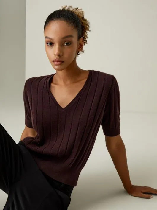 Short Sleeve VNeck Cashmere Tshirt Women Lilysilk Knitwear
