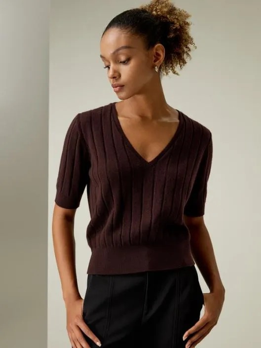 Short Sleeve VNeck Cashmere Tshirt Women Lilysilk Knitwear