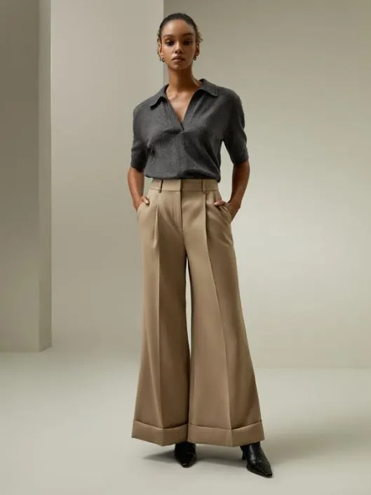 SilkWool Rolled Hem Flared Cropped Trousers Women Lilysilk Knitwear