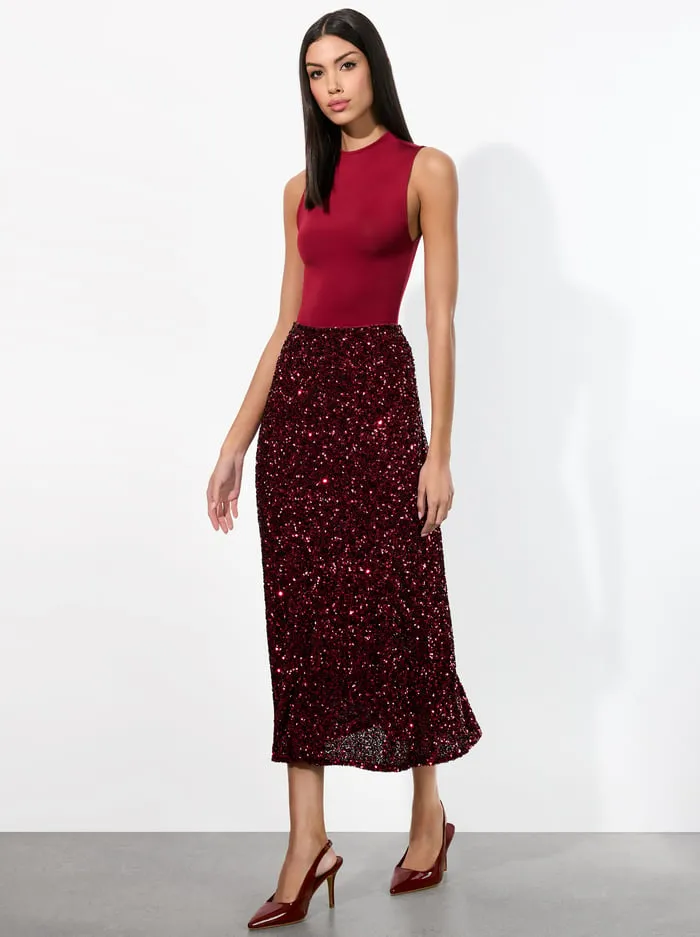 Skirts Women Alice Olivia Maeve Sequin Slip Skirt Garnet
