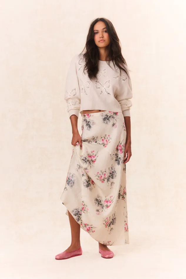 Skirts Women LoveShackFancy Bertha Silk Floral Maxi Skirt French Ivory
