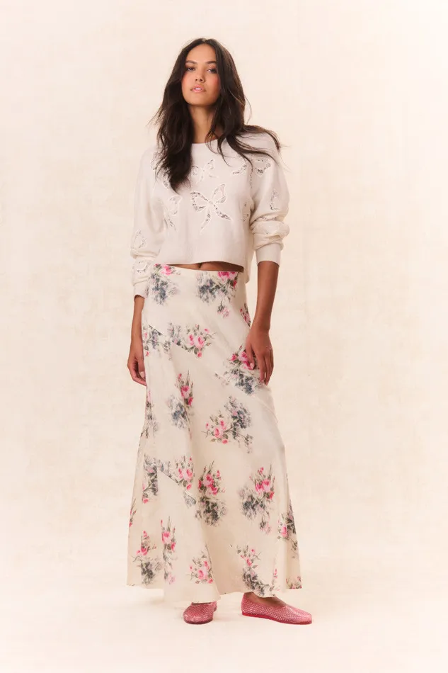 Skirts Women LoveShackFancy Bertha Silk Floral Maxi Skirt French Ivory