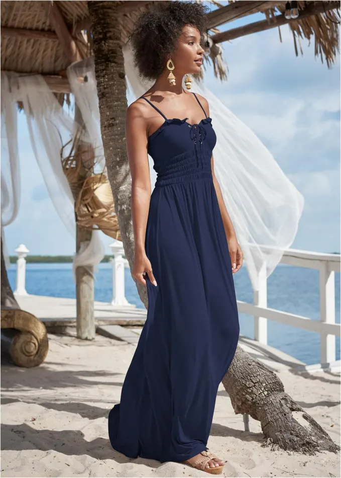 SMOCKED LACEUP DRESS Navy Women VENUS Casual Dresses