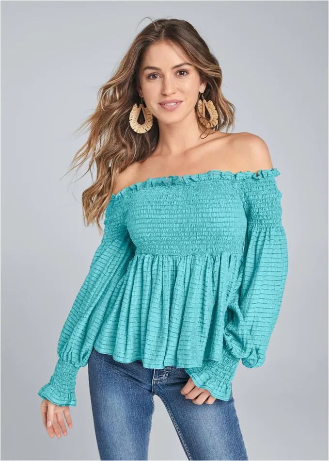Smocked OffShoulder Top Turquoise Women VENUS Casual Tops