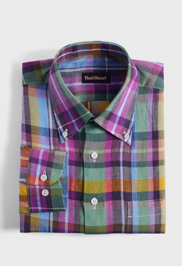 Sport Shirts Mens Linen Multicolor Plaid Sport Shirt GreenPink Paulstuart
