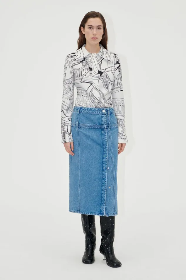Stine Goya Skirts and Shorts Button Slit Detail Midi Skirt 8211 Denim Blue 8211 Women