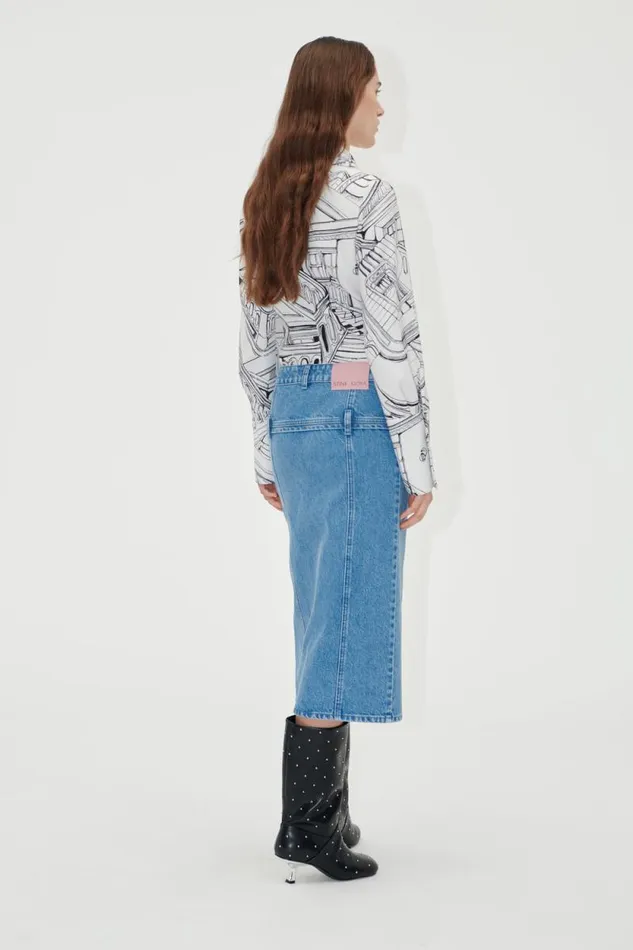 Stine Goya Skirts and Shorts Button Slit Detail Midi Skirt 8211 Denim Blue 8211 Women