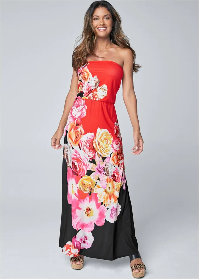 STRAPLESS PRINT MAXI DRESS Red Multi Women VENUS Sundresses