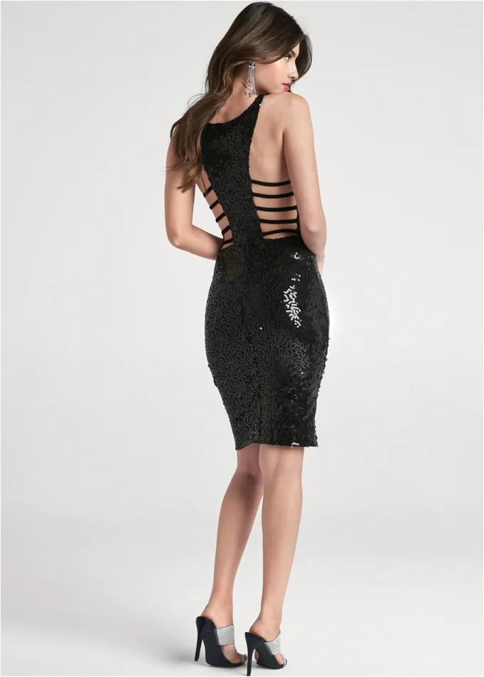 STRAPPY BACK SEQUIN DRESS Black Women VENUS Short Dresses