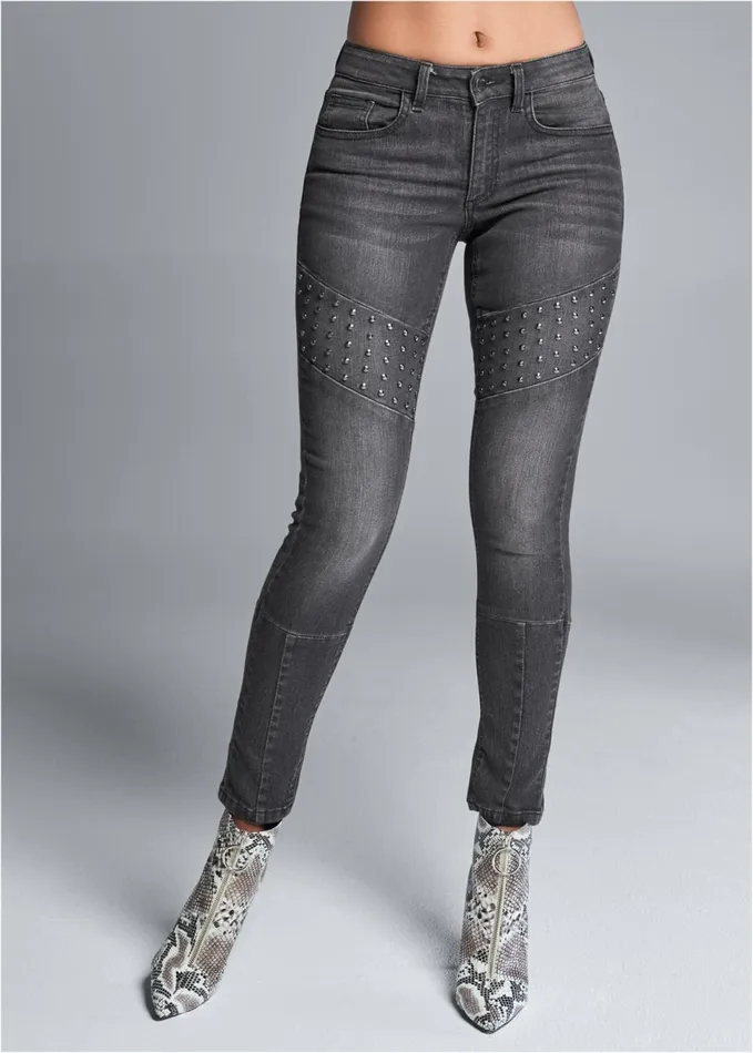 STUD DETAIL SKINNY JEANS Washed Denim Women VENUS Novelty Jeans