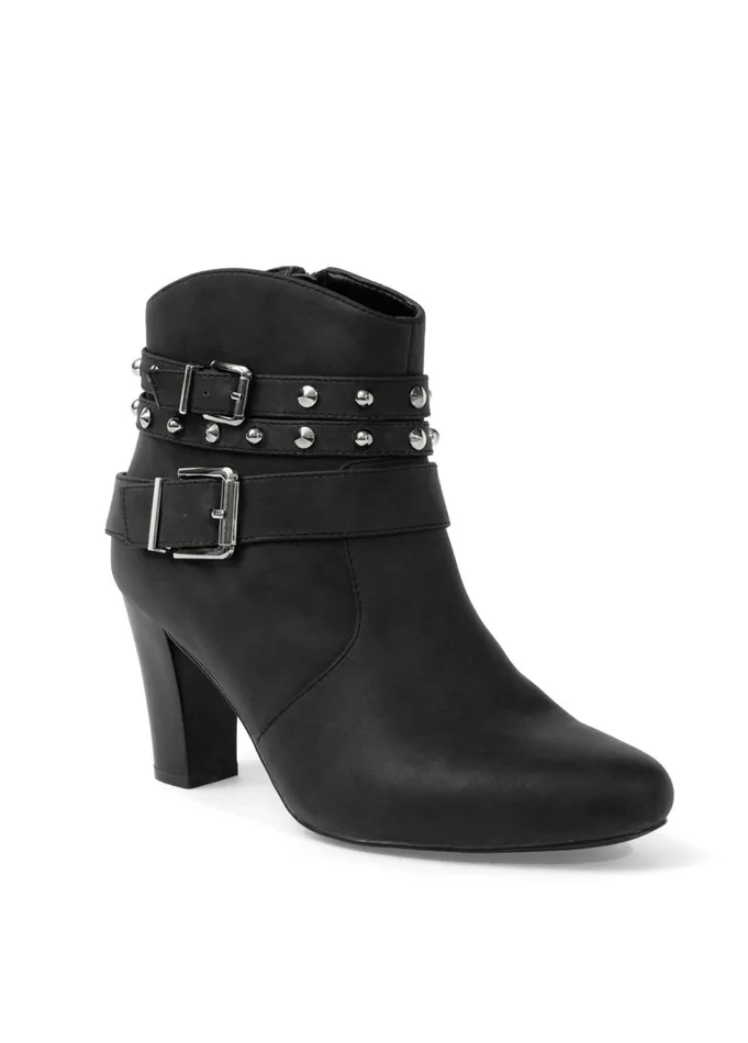 STUDDED BUCKLE BELT BOOTIES Black Women VENUS Boots and Booties