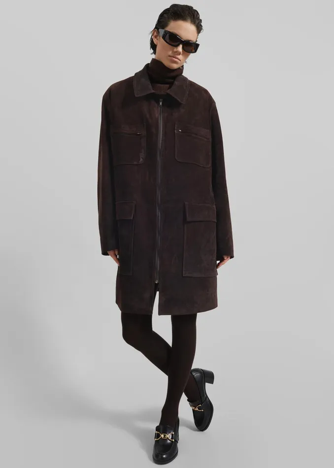 The Frankie Shop Outerwear Haillot Suede Long Jacket 8211 Brown 8211 Women