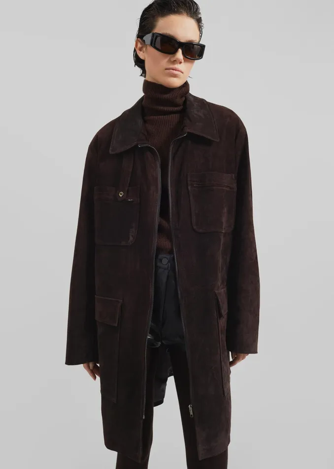 The Frankie Shop Outerwear Haillot Suede Long Jacket 8211 Brown 8211 Women