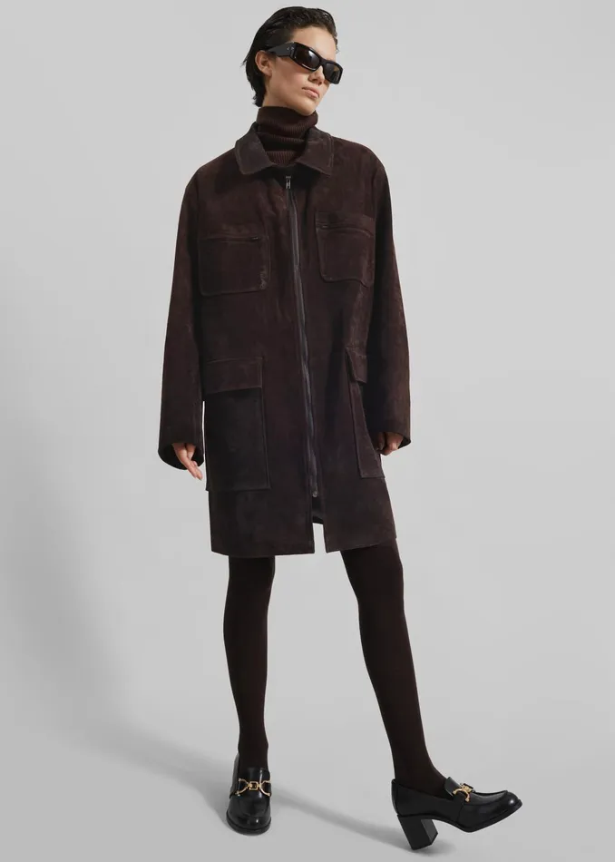The Frankie Shop Outerwear Haillot Suede Long Jacket 8211 Brown 8211 Women