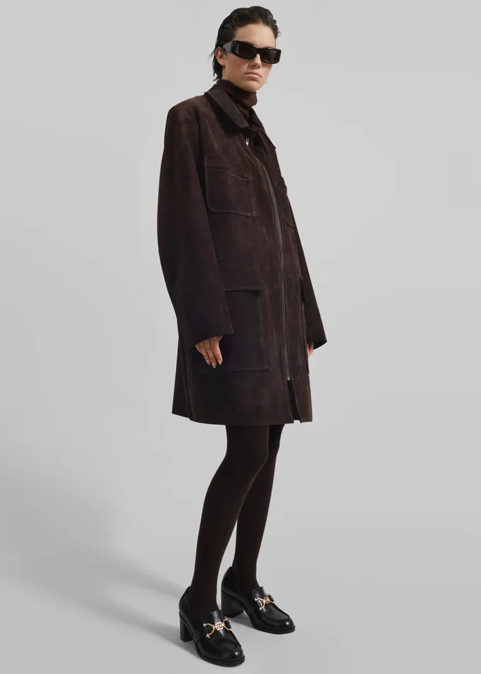 The Frankie Shop Outerwear Haillot Suede Long Jacket 8211 Brown 8211 Women