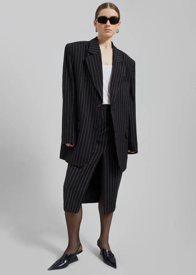 The Frankie Shop Outerwear Holland Padded Shoulder Blazer 8211 BlackWhite Pinstripe 8211 Women