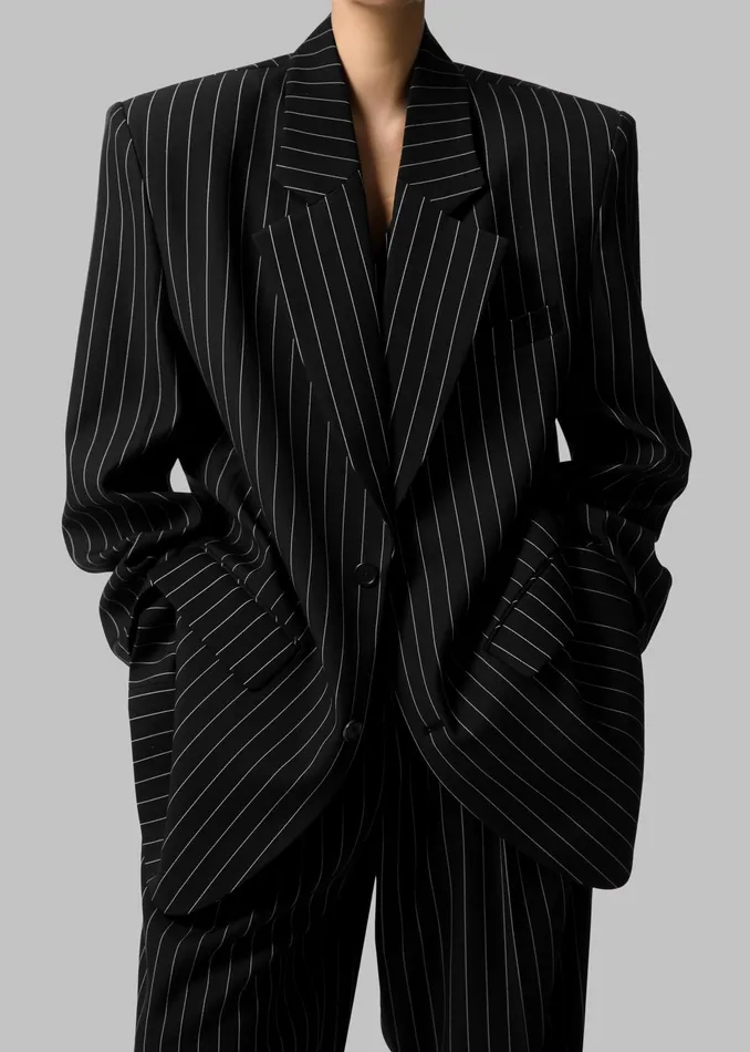 The Frankie Shop Outerwear Holland Padded Shoulder Blazer 8211 BlackWhite Pinstripe 8211 Women