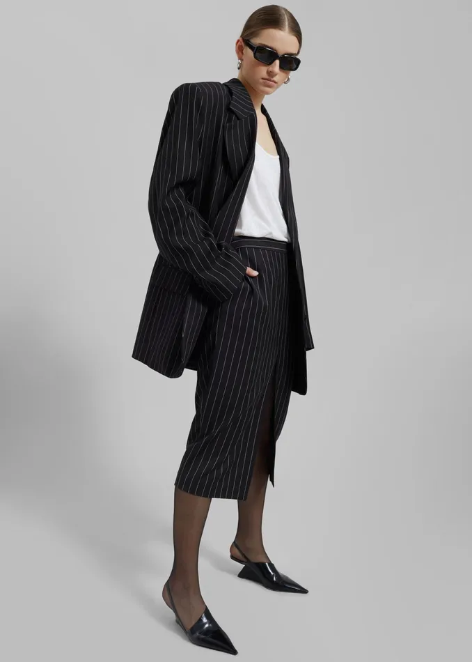 The Frankie Shop Outerwear Holland Padded Shoulder Blazer 8211 BlackWhite Pinstripe 8211 Women