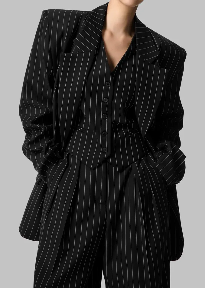 The Frankie Shop Outerwear Holland Padded Shoulder Blazer 8211 BlackWhite Pinstripe 8211 Women